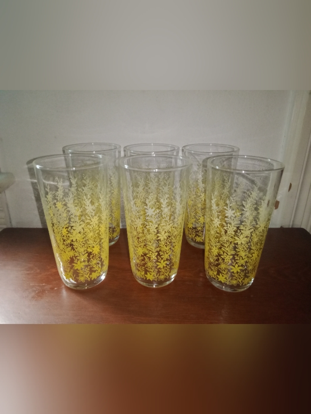 Vintage Glass Set Yellow Flowers Tumbler Cup 6 1/8" Tall MCM Boho Retro Hippie